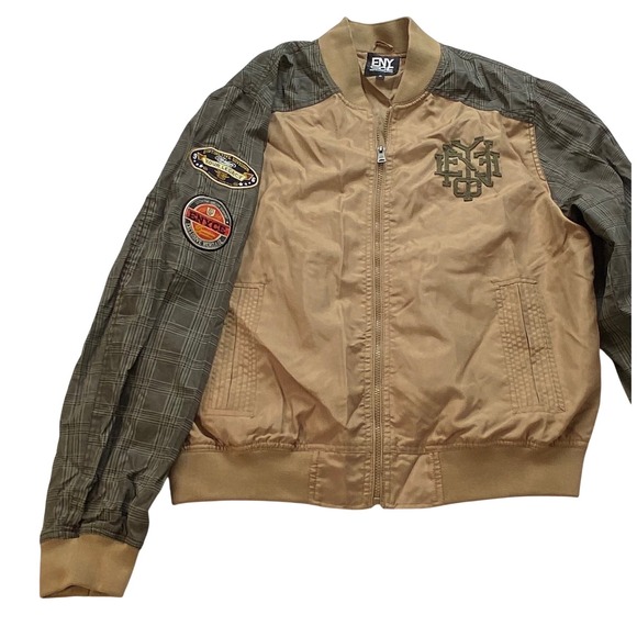 Enyce Mens Bomber Jacket XL Tan Plaid Sleeves Full Zip Varsity Patch